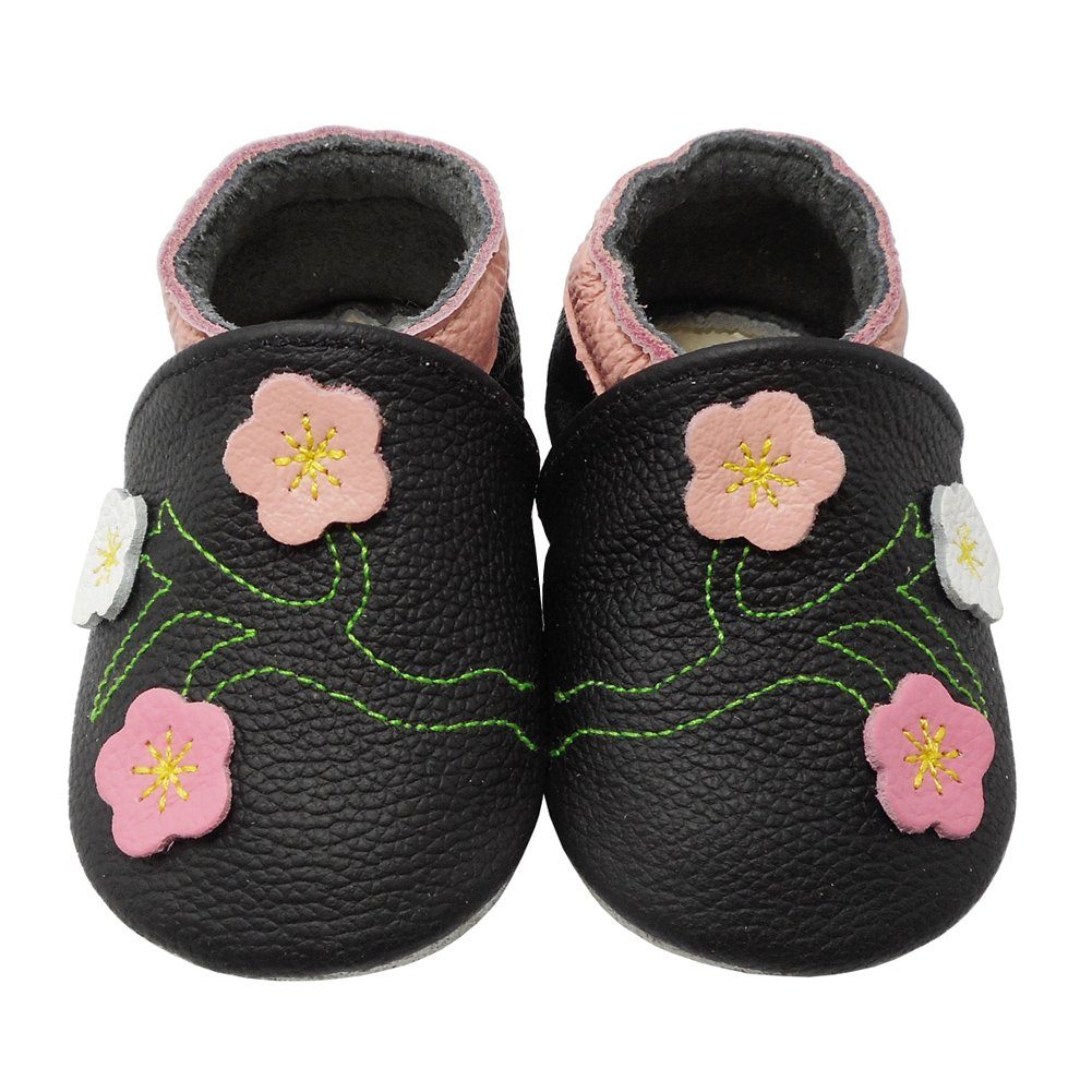 Yalion Weiche Leder Krabbel- und Lauflernschuhe 3-Blumen Schwarz