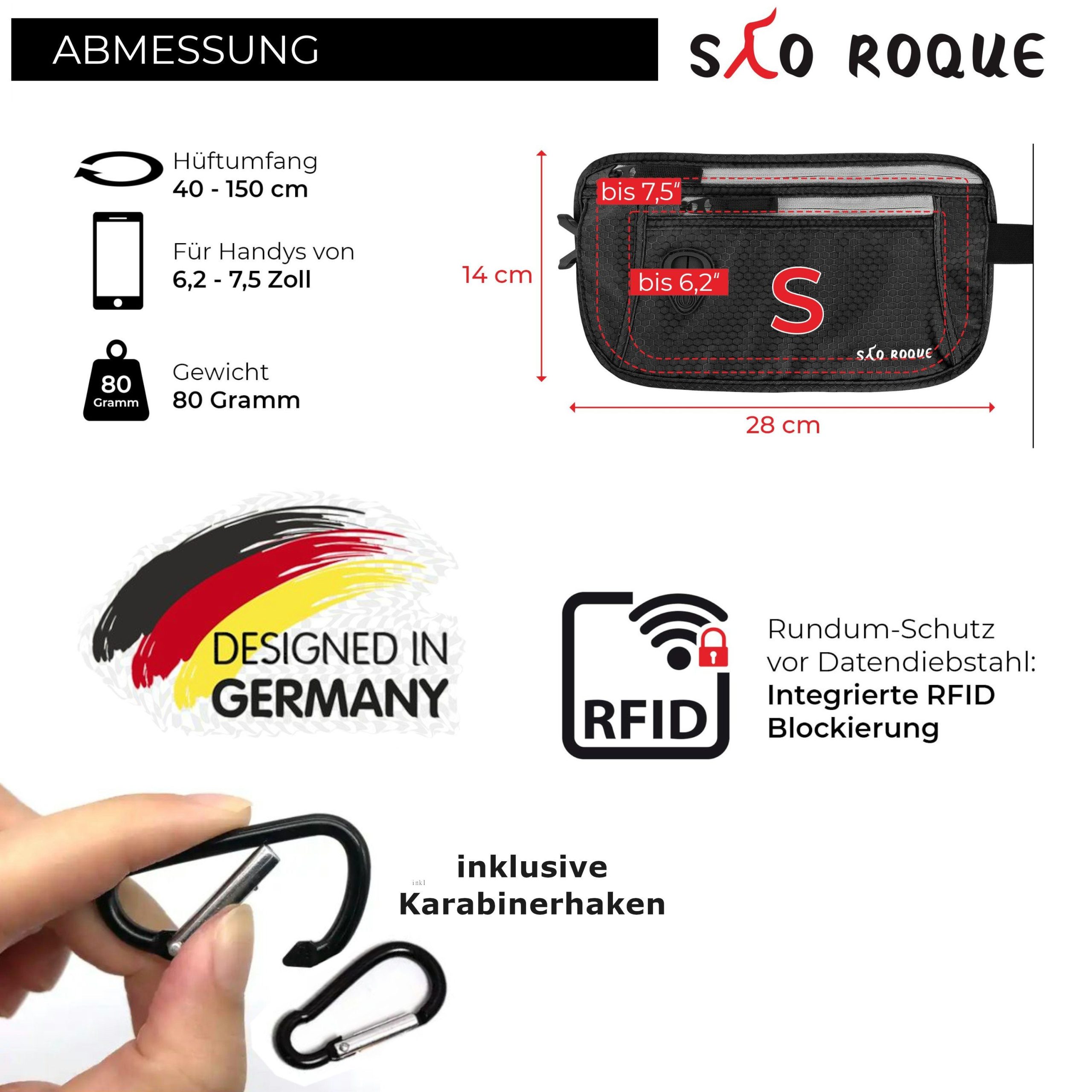 SAO ROQUE Bauchtasche - Flache Damen Herren Bauchtasche, Diebstahl-sicher mit RFID Schutz, Vegan, Ultraflach